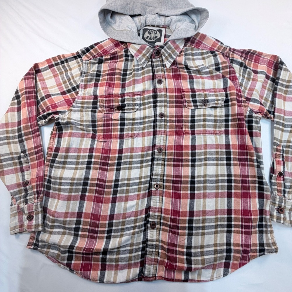 Red Snap Hooded Flannel Shirt Jacket Mens XXL Plaid Button Front Cotton Shacket